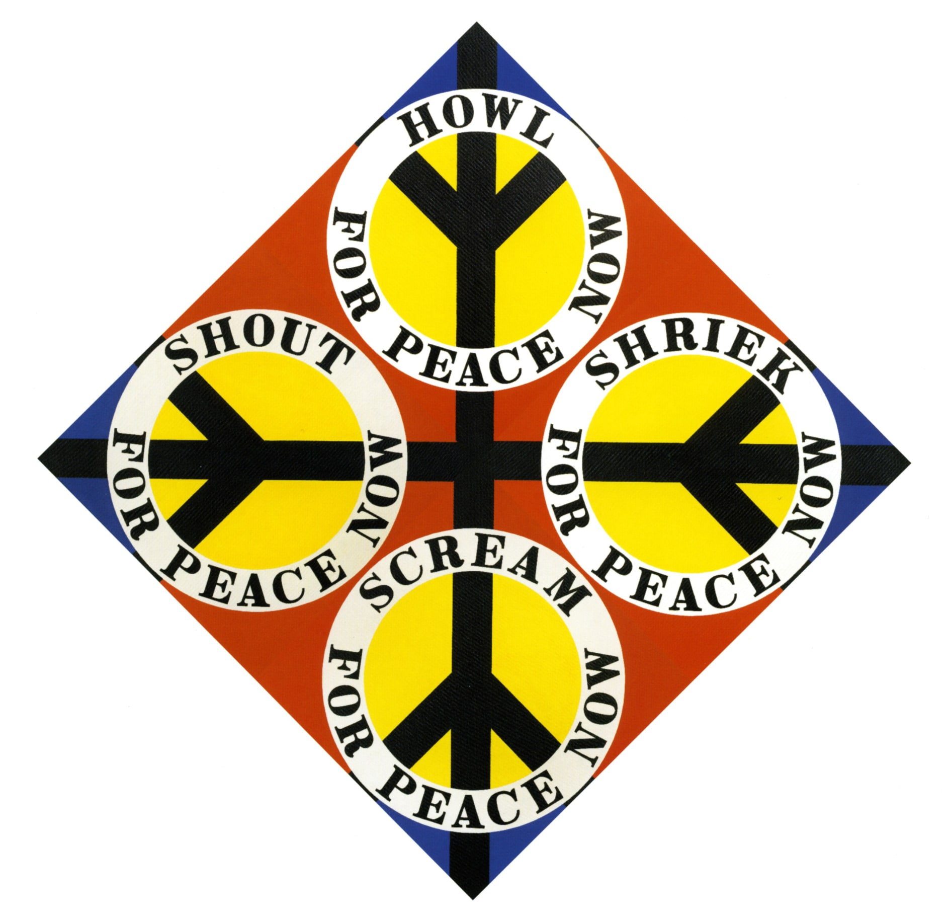 Four Diamond Peace, a diamond shaped painting comprised of four panels, measuring 68 by 68 inches overall. The panels have a primarily red ground, although the corner of each panel facing outward is blue. Each panel is dominated by a yellow circle with a black peace sign pointing towards the center of the work. Surrounding each circle is a white ring with black text. The text in each ring reads, clockwise from top: &quot;How for Peace Now,&quot; &quot;Shriek for Peace Now,&quot; &quot;Scream for Peace Now,&quot; and &quot;Shout for Peace Now.&quot;