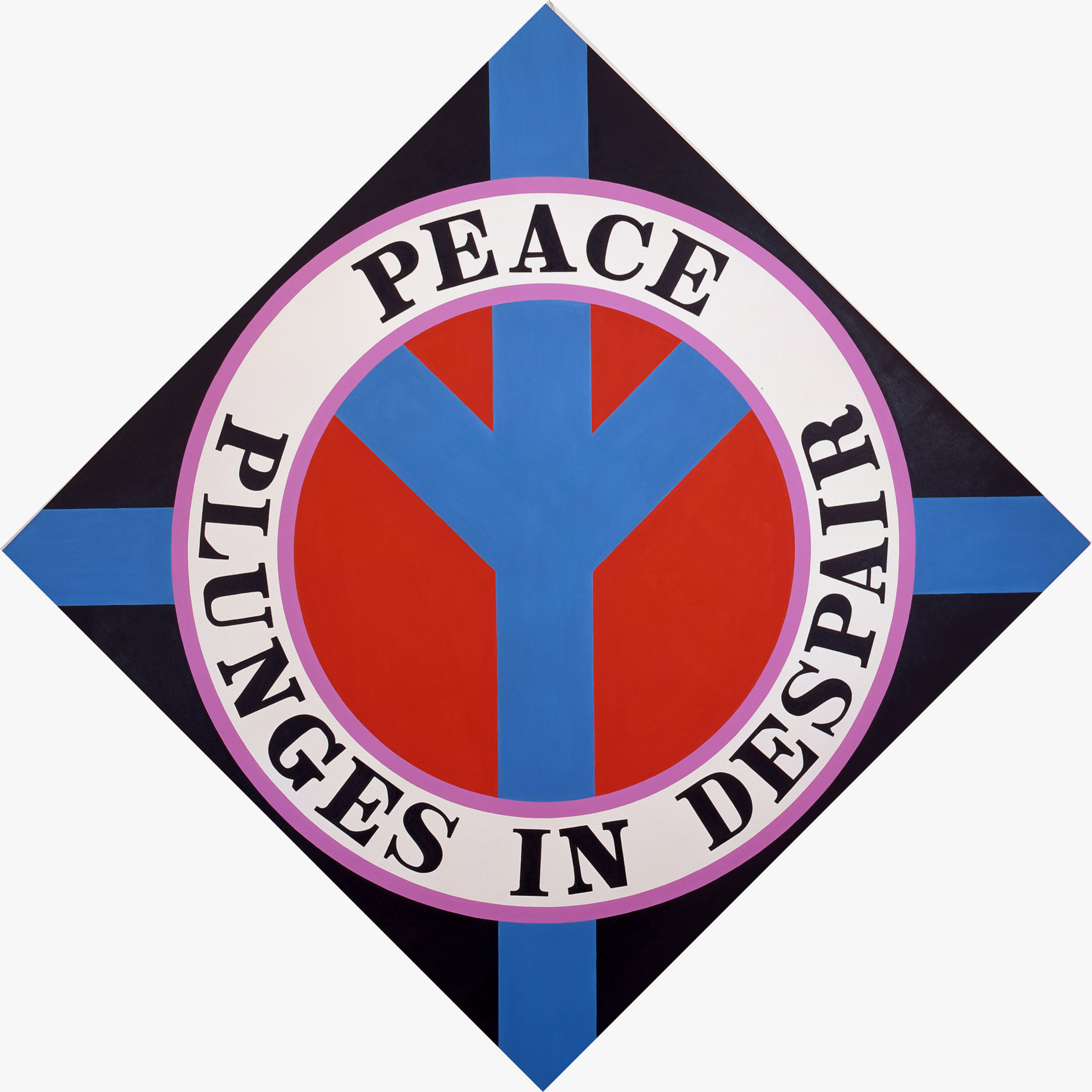 A 67 1/2 by 67 1/2 inch diamond shaped black painting with an upside down blue peace sign in a red circle. The ring around the sign is white with light purple outlines. In it the work's title, &quot;Peace Plunges in Despair,&quot; is painted in black letters. &quot;Peace&quot; appears on the top half, and &quot;Plunges in Despair&quot; appears on the bottom half. Blue rectangular bands of paint go from the outer edge of the circle to each corner of the triangle.