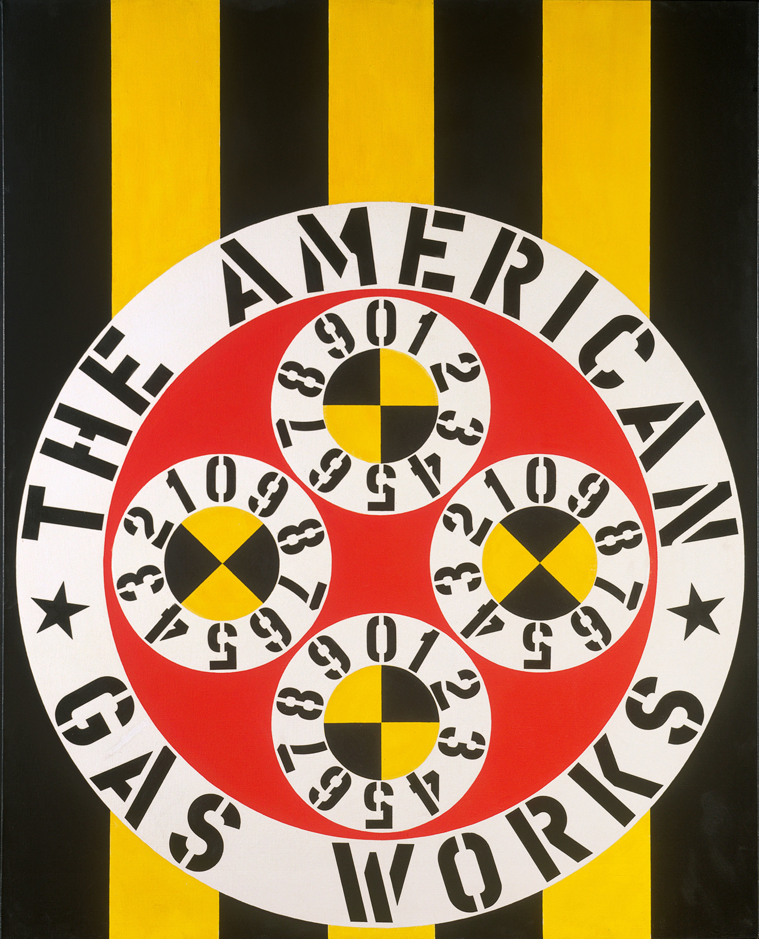 A 60 by 48 inch painting of a large circular image against a background of yellow and black vertical stripes. A large red circle contains four smaller circles, each quartered into yellow and black diamonds and surrounded by white ring containing the numerals 0 through 9 painted in black. Surrounding the red circle is a white ring containing the painting's title &quot;The American Gas Works,&quot; painted in black letters, and two small black stars.