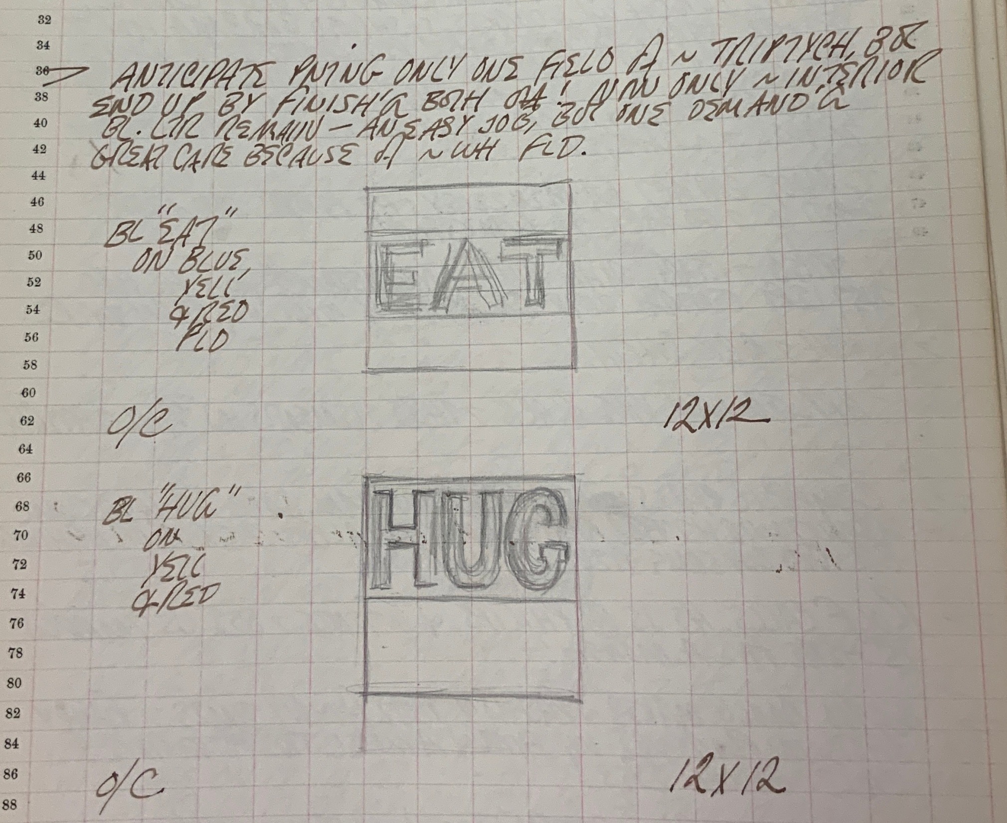 Detail from Robert Indiana's journal entry for August 19, 1962 featuring sketches of the small paintings Hug and Eat