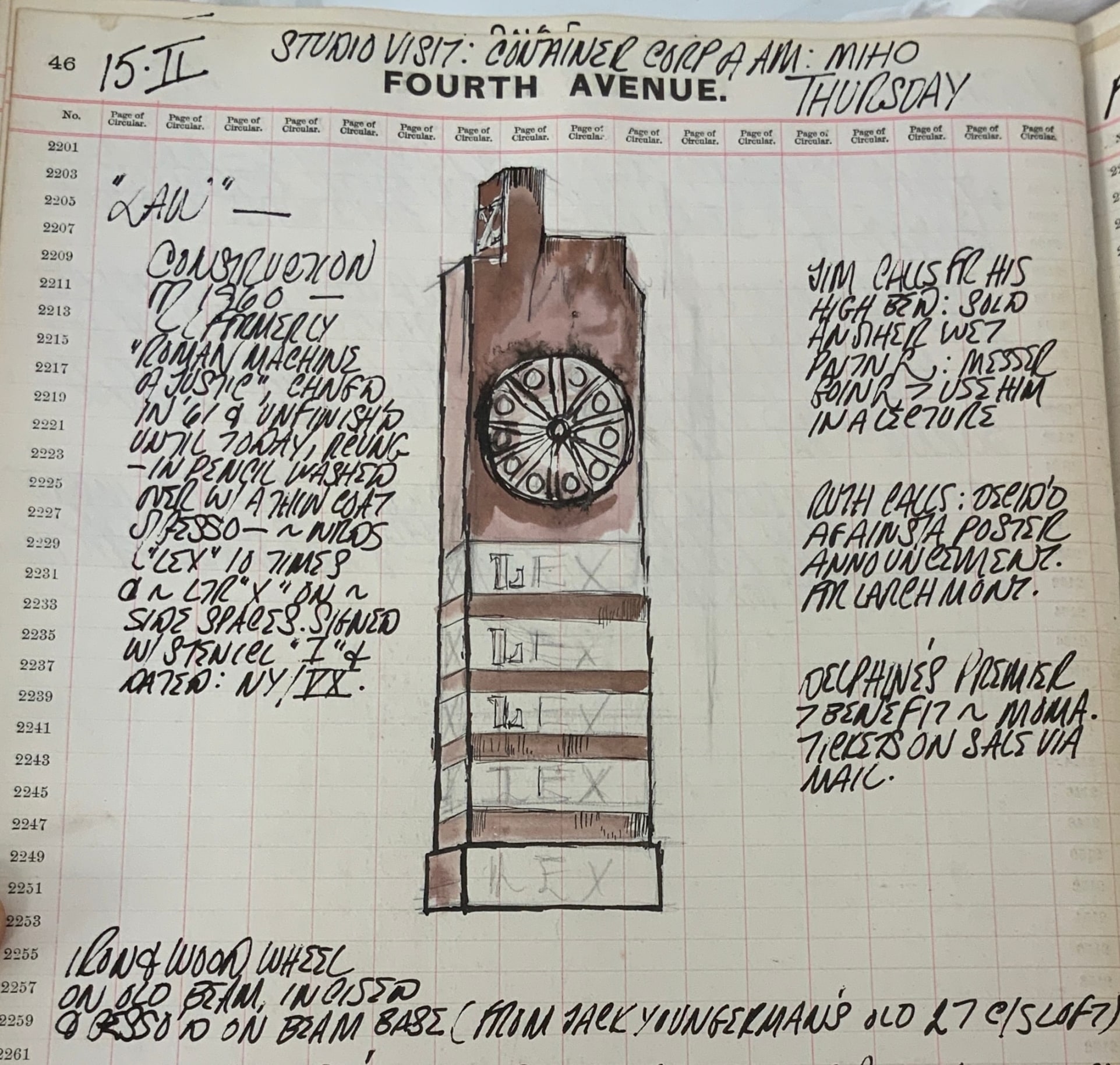 Black and white detail from Robert Indiana's journal entry for February 15, 1962, featuring a sketch of the herm Law