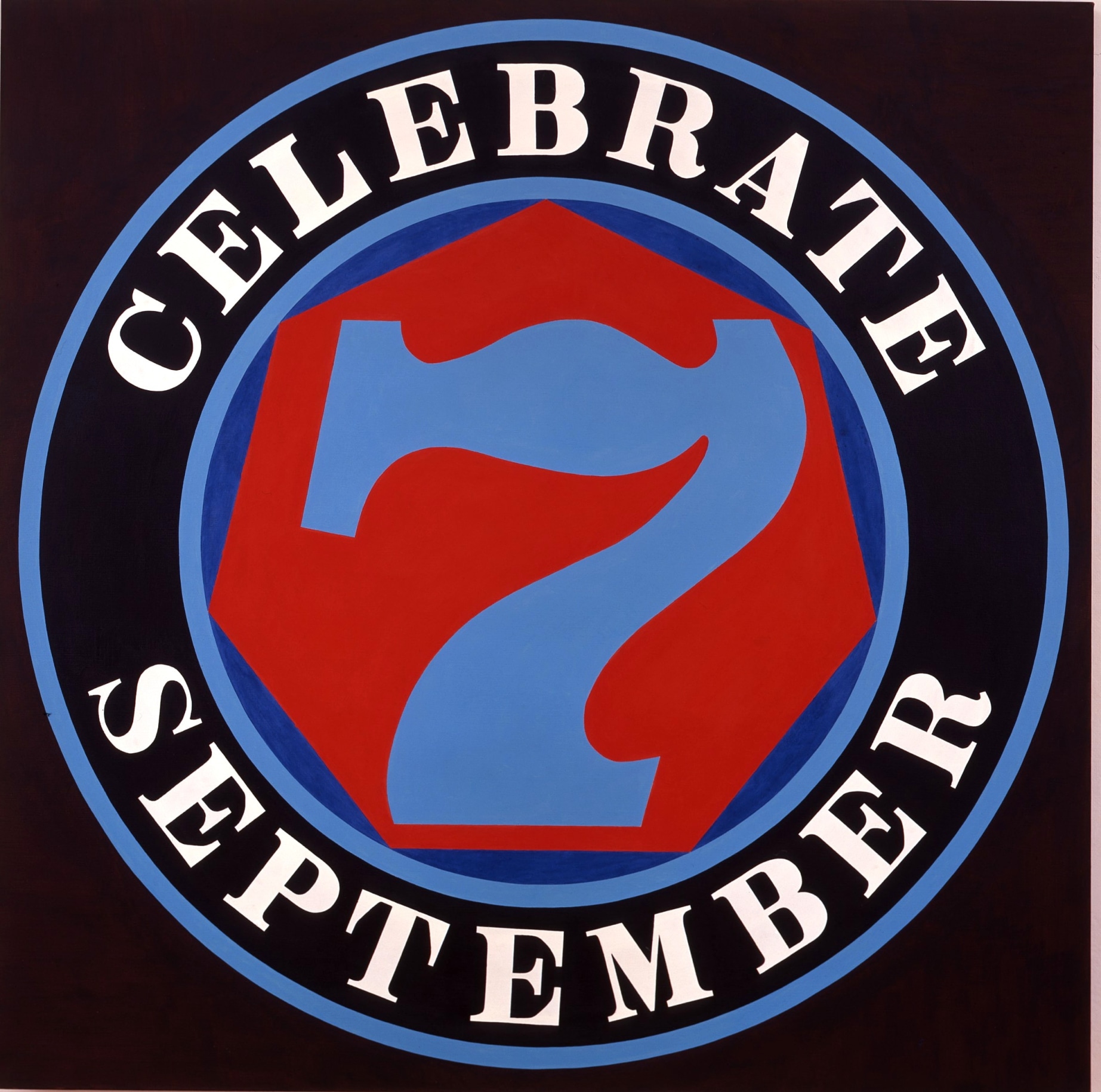 A square canvas with a black ground dominated by a circle containing a red heptagon with a blue numeral seven, and surrounded by a black ring with blue outlines. Within the ring the painting's title, &quot;Celebrate September&quot; is painted in white letters.