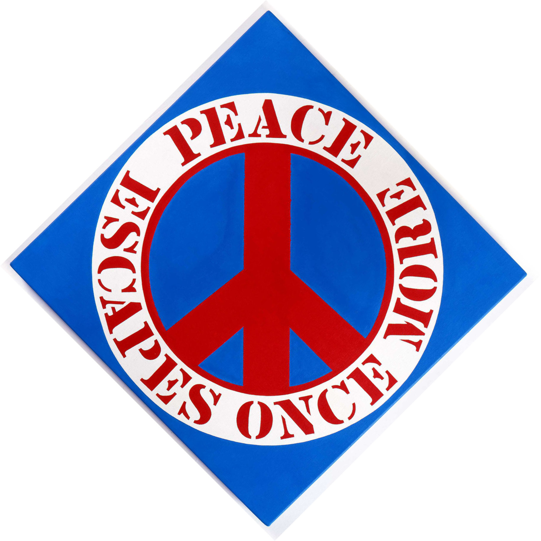 A 34 by 34 inch blue diamond shaped canvas with a red peace sign. Surrounding the peace sign is a white ring with a red inner outline and the painting's title, &quot;Peace Escapes Once More&quot; painted in red letters. &quot;Peace&quot; appears in the top of the ring and &quot;Escapes Once More&quot; in the bottom half.