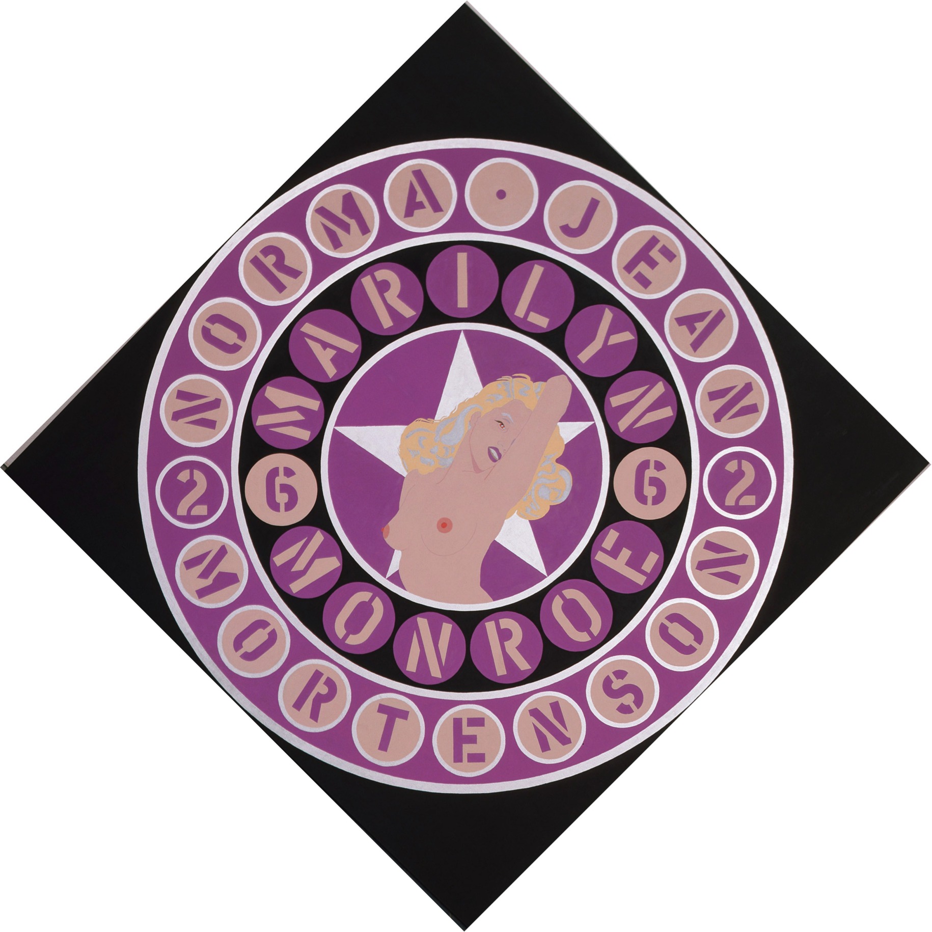 The Black Marilyn, a 102 by 102-inch black diamond shaped canvas. In the center of the painting is topless image of Monroe in front of a lilac star in a purple circle. Two rings of text surround this central image. The inner ring is black and contains the actress' name, Marilyn Monroe. Each lilac letter is in a separate purple ring, and separating her first and last name to the left and right of the inner circle is a purple numeral six in a lilac circle. The purple outer ring contains the actress' birth name, Norma Jean Mortenson, each individual purple letter in a lilac circle. Separating her first names and last name are two lilac purple numeral twos each in a purple circle.