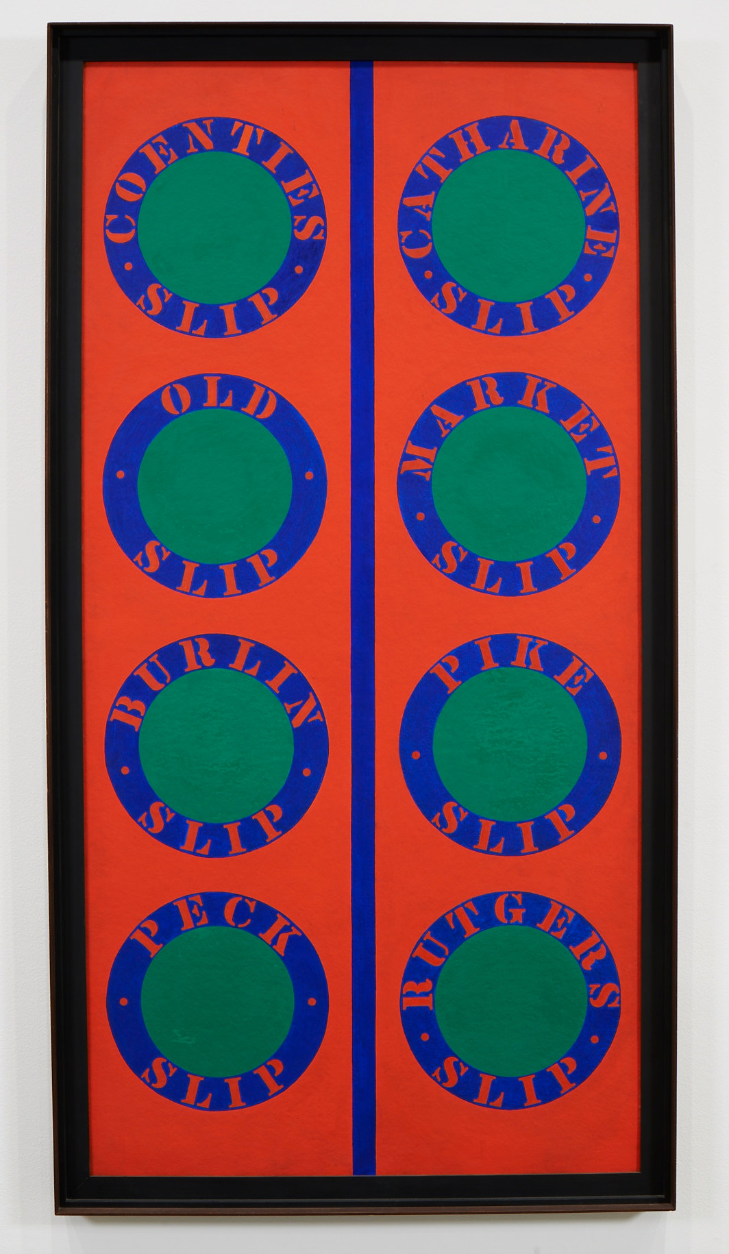 The Slips, a red painting with two vertical rows of four orbs, separated by a blue stripe down the center of the work. The orbs are green, surrounded by a blue ring with red text. Each ring contains the name of a slip in Indiana's Lower Manhattan.