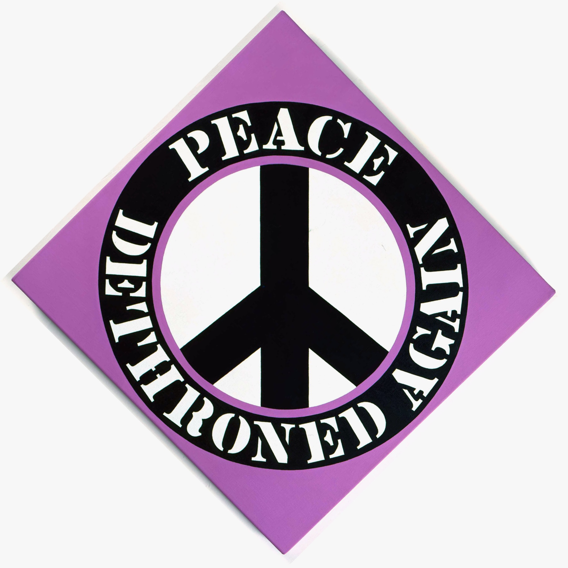 A 34 by 34 inch light purple diamond shaped canvas with a black peace sign in a white circle with a purple outline. Surrounding the circle is a black ring with the painting's title, &quot;Peace Dethroned Again&quot; painted in white letters. &quot;Peace&quot; appears in the top of the ring and &quot;Dethroned Again&quot; in the bottom half.