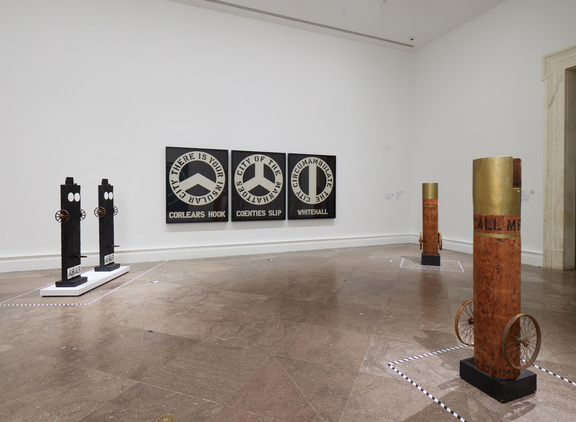Installation view of Robert Indiana: A Sculpture Retrospective, Albright-Knox Art Gallery, Buffalo, June 16&ndash;September 23, 2018. Left to right, Ahab (1962, cast 1991), Ahab (1960&ndash;62), The Melville Triptych (1962), Call Me Ishmael (1964/1998), and Call Me Indiana (1964/1998), &nbsp;