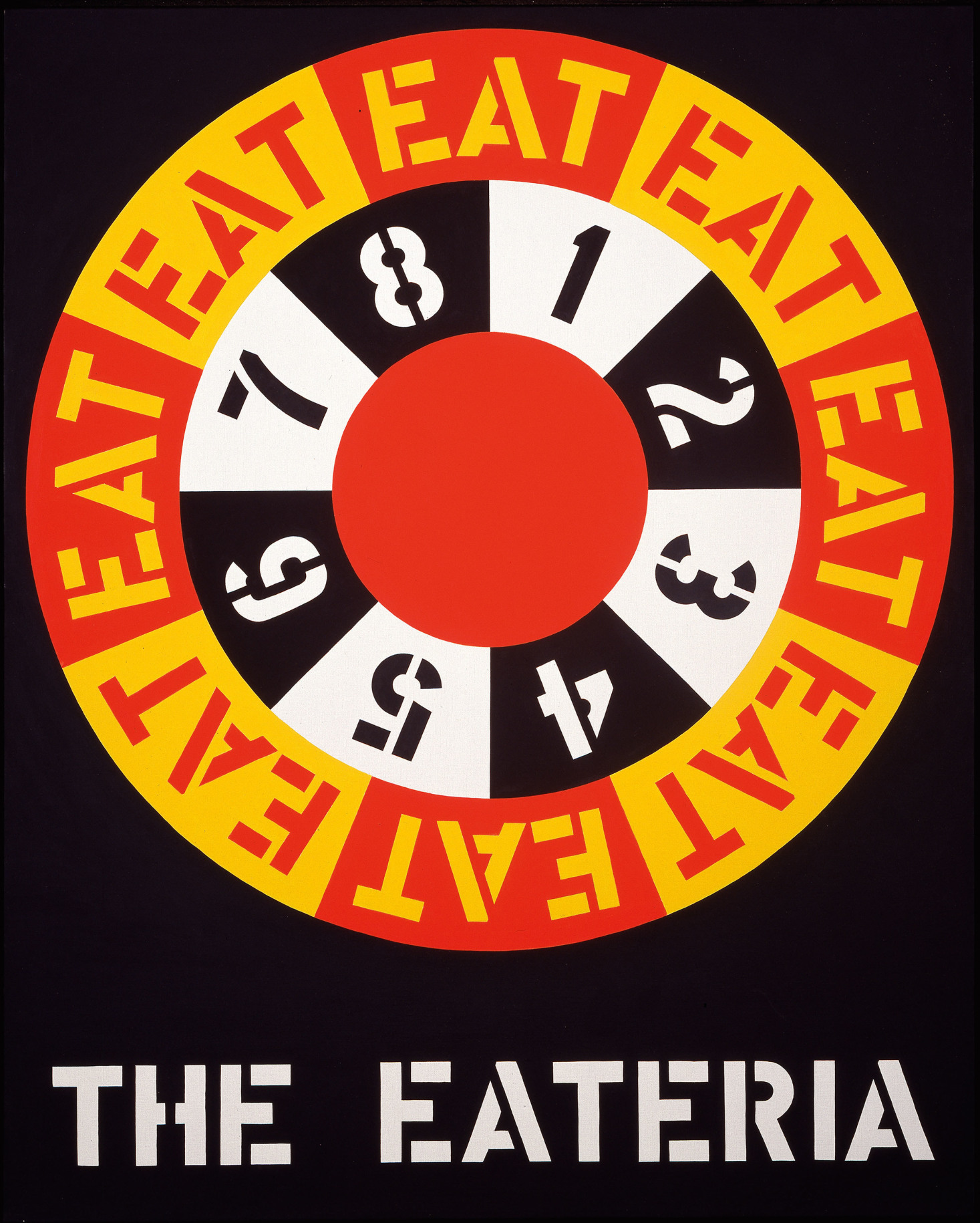 A 60 1/4 by 47 7/8 inch painting consisting of a large circular design and text against a black ground. The work's title, &quot;The Eateria,&quot; appears in white stenciled letters across the bottom of the canvas. Above this is a red circle surrounded by a ring containing the numerals one through eight alternating between black against a white ground and white against a black ground. This is surrounded by a ring containing the word EAT, painted in stenciled letters eight times, alternating between yellow letters against a red background and red letters against a yellow background.