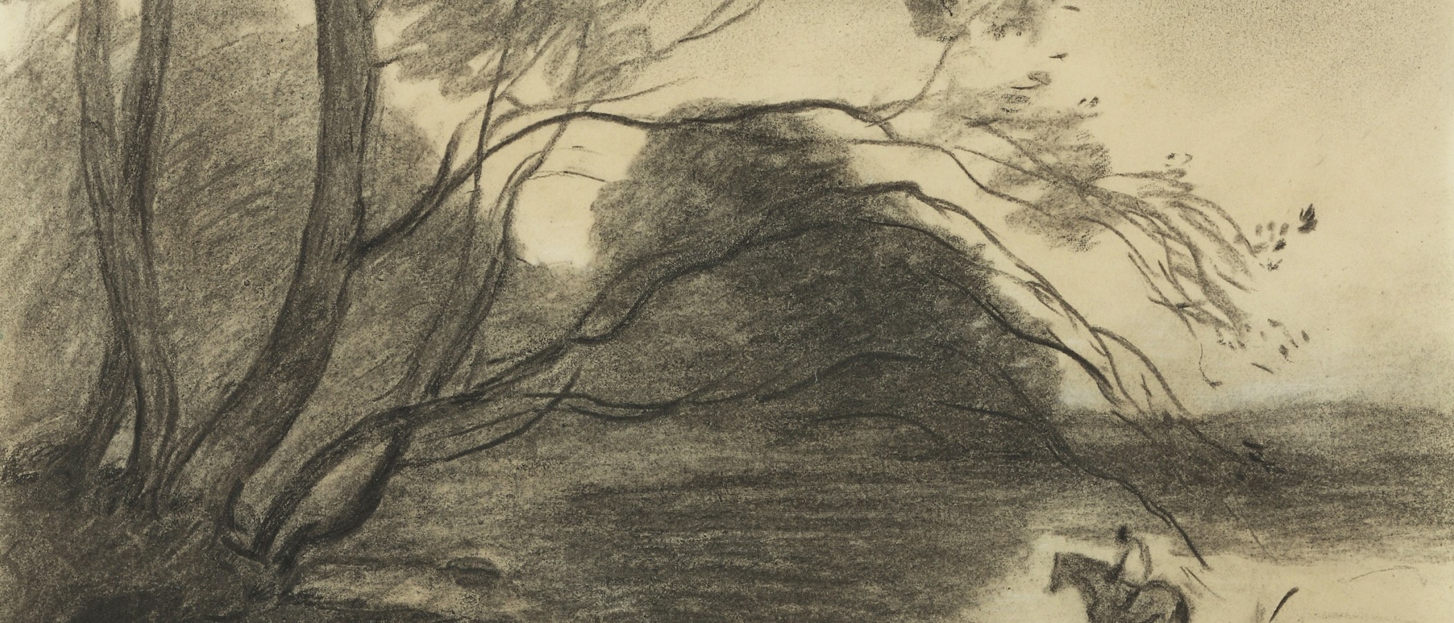Jean-Baptiste-Camille Corot, The Ford under the Large Tree, c. 1864  Charcoal on paper; 7 1/8 x 11 3/8 inches Private Collection