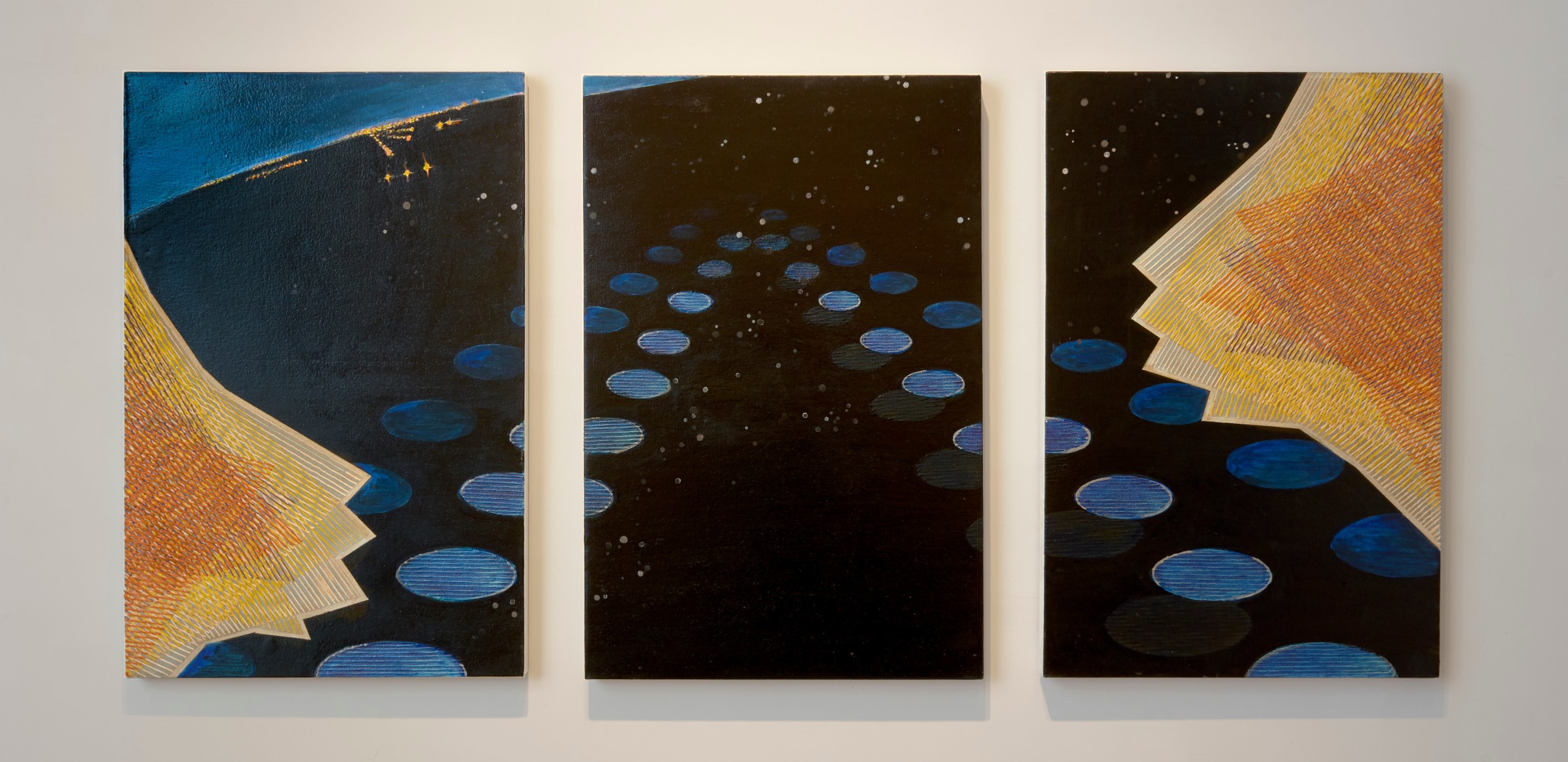 Michiko Itatani  Night Wing from Infinite Vision IV-5, 2006  Oil on canvas  canvas: 35 x 79 inches 3 panels, 35 x 23 inches each; 1-6&quot; intervals  signed and dated en verso