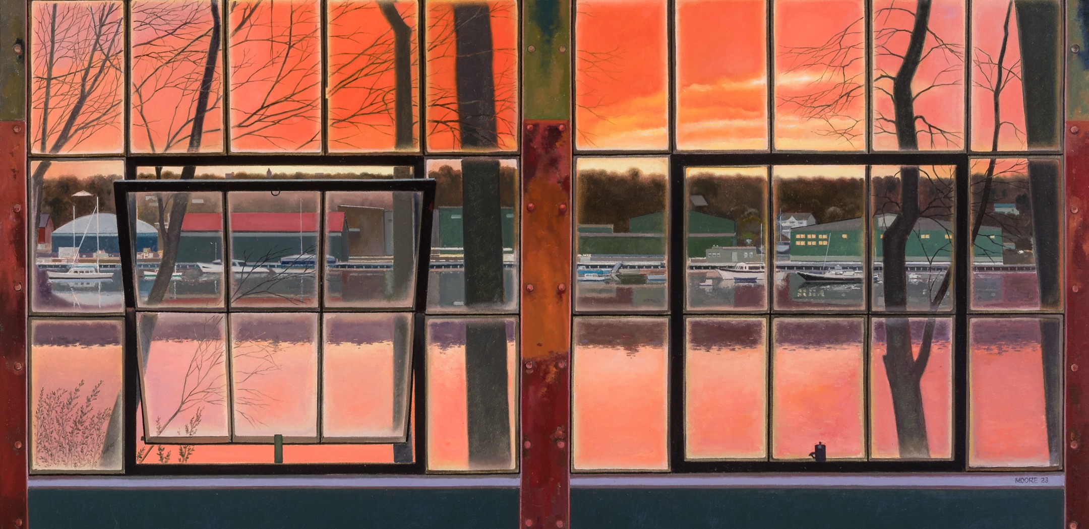 JOHN MOORE (B. 1946), "Red Sky at Dusk," 2023. Oil on canvas, 59 x 69 in. (detail).