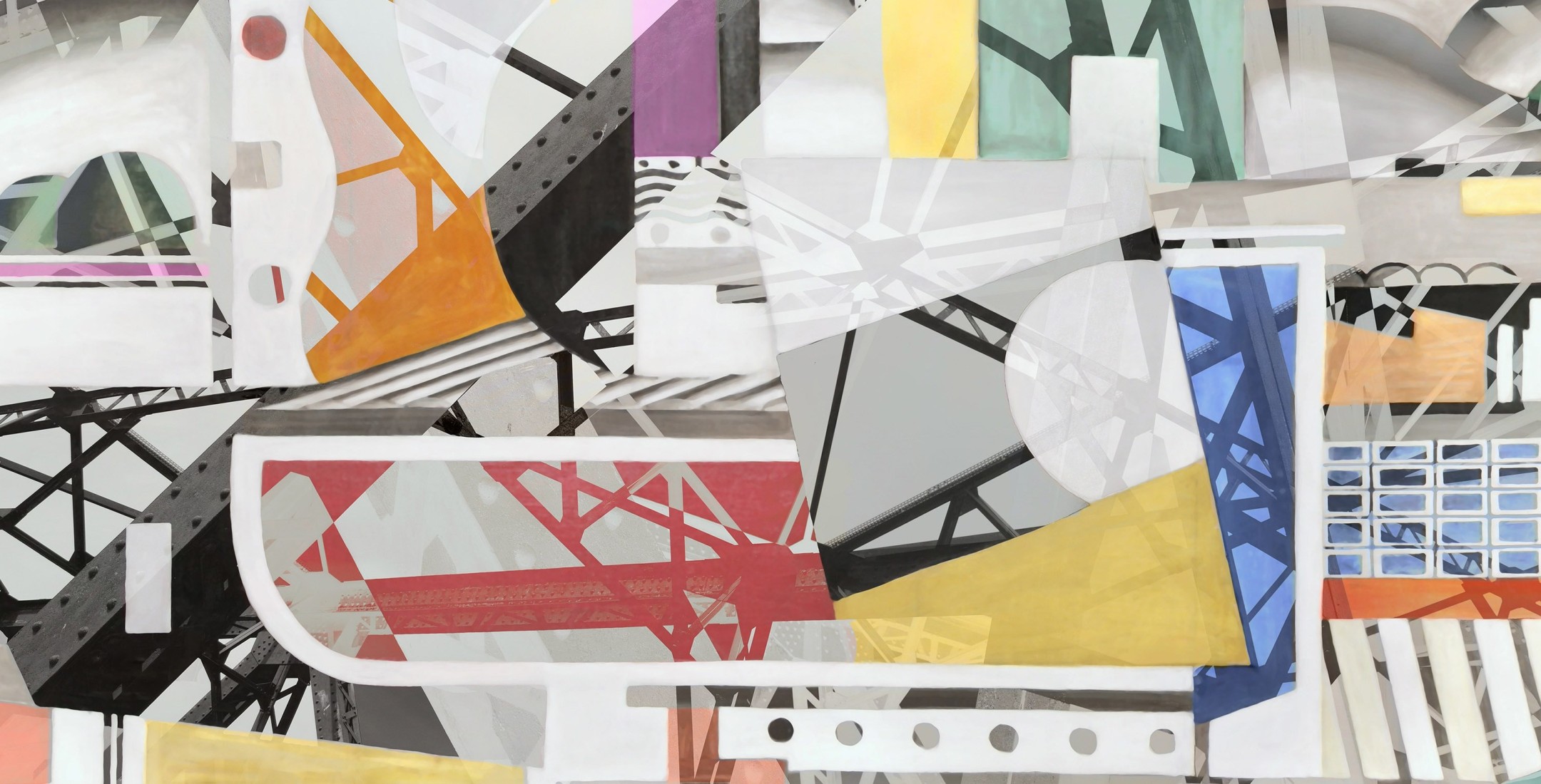 Colorful digital photocollage combining geometric abstract painting with a photo of steel girders