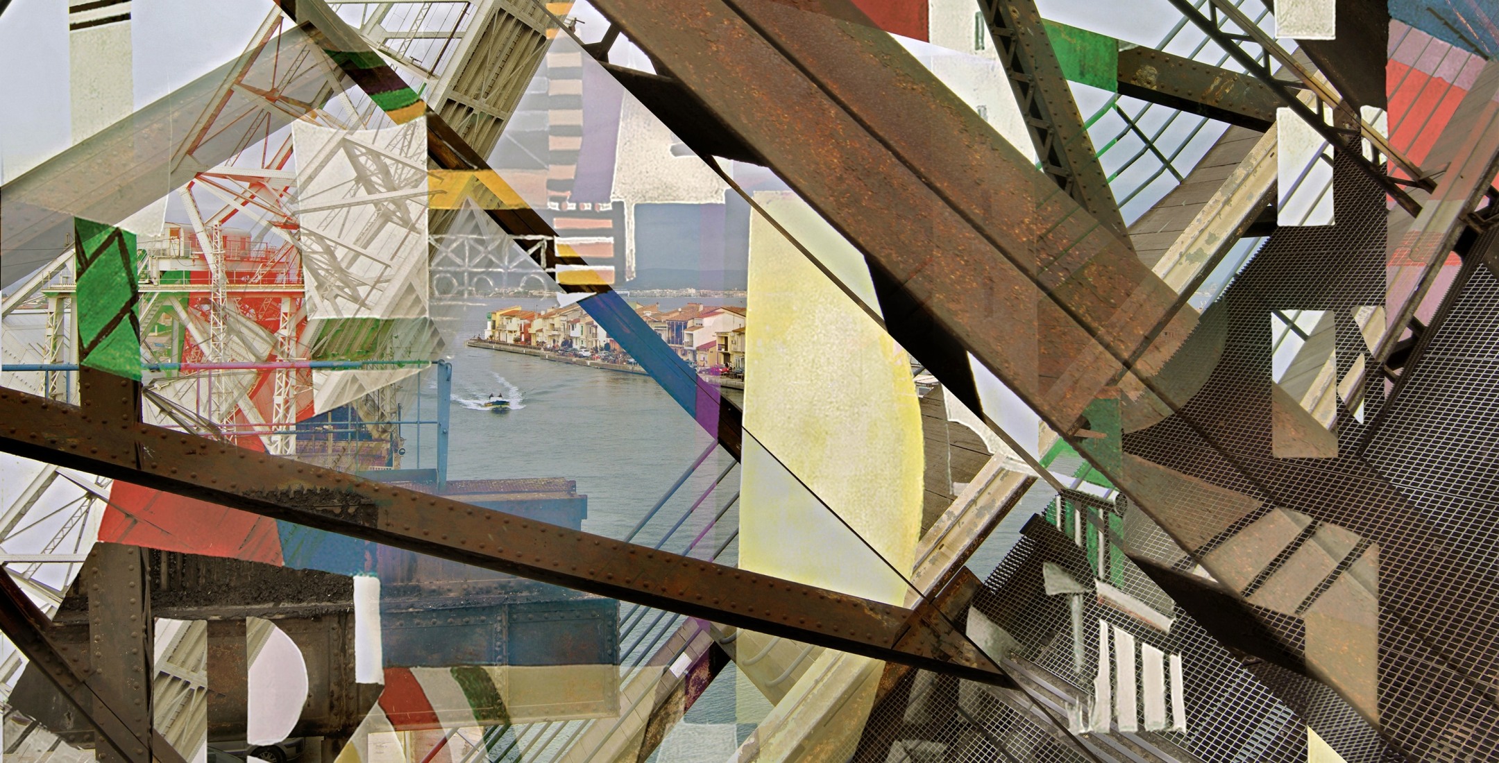 Colorful digital photocollage combining geometric abstract painting with a photo of a boat in a port seen through steel girders