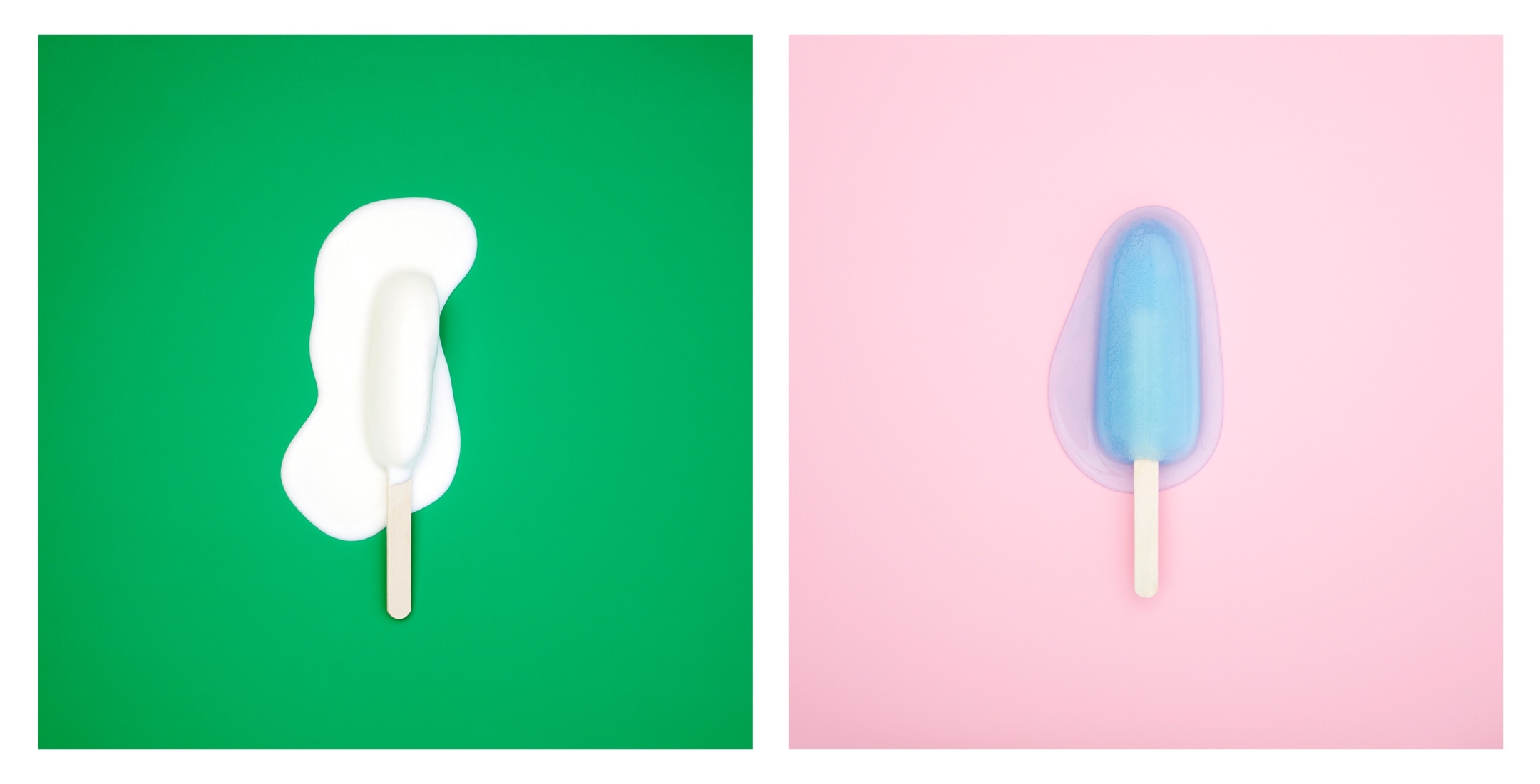 Two colorful photos of melting popcicles on green and pink backgrounds.