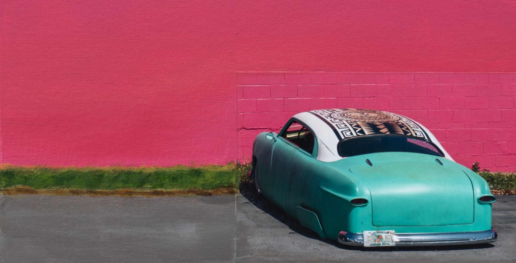 Collaged color photograph of a turquoise classic car in front of a pink painted wall.