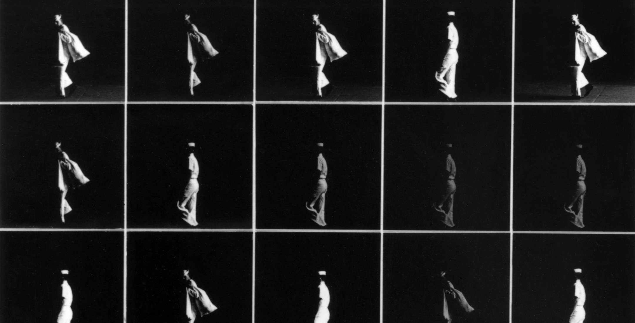 Sequence of black and white photos showing a navy sailor walking in shadow.