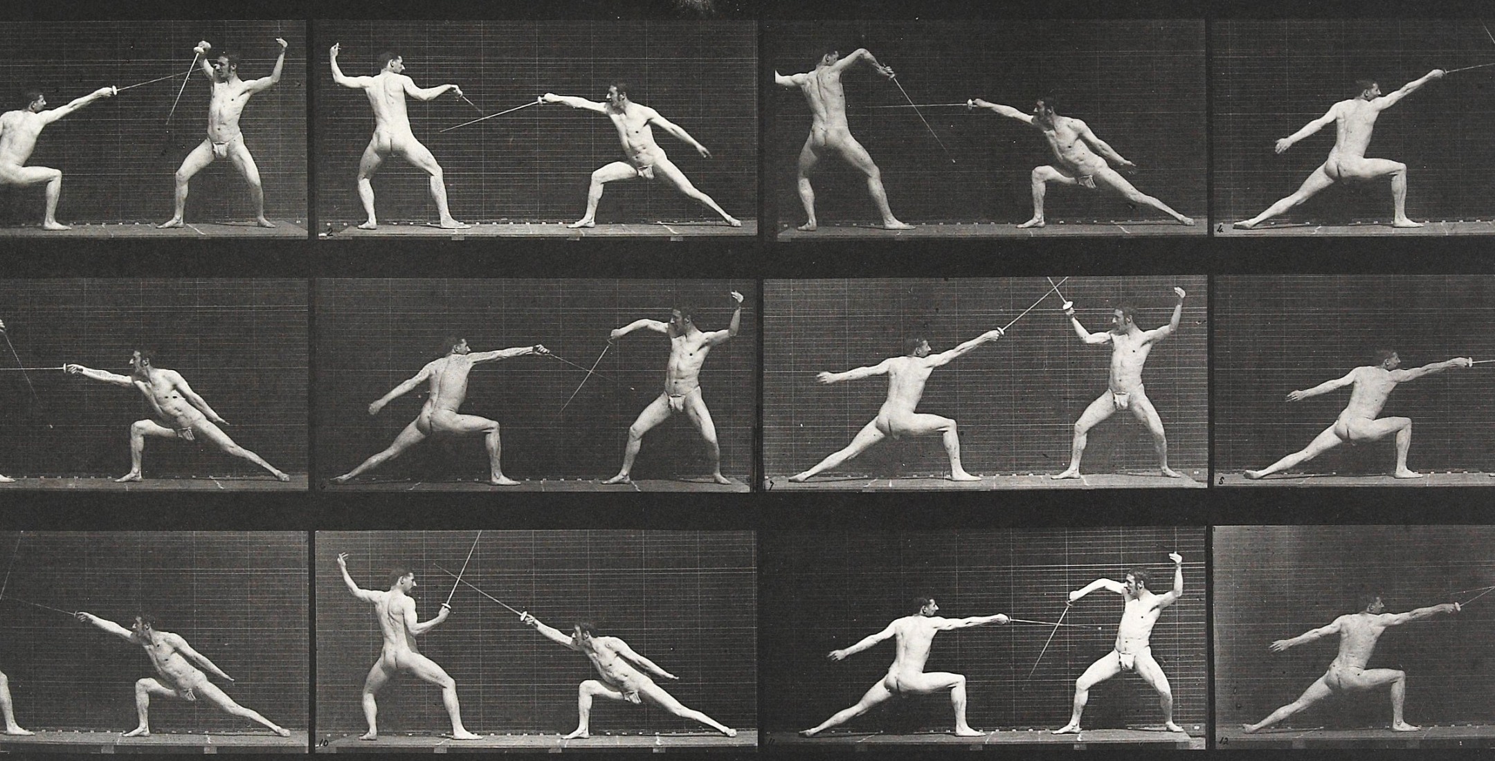 Sequence of black and white photos showing the motions of two men fencing.