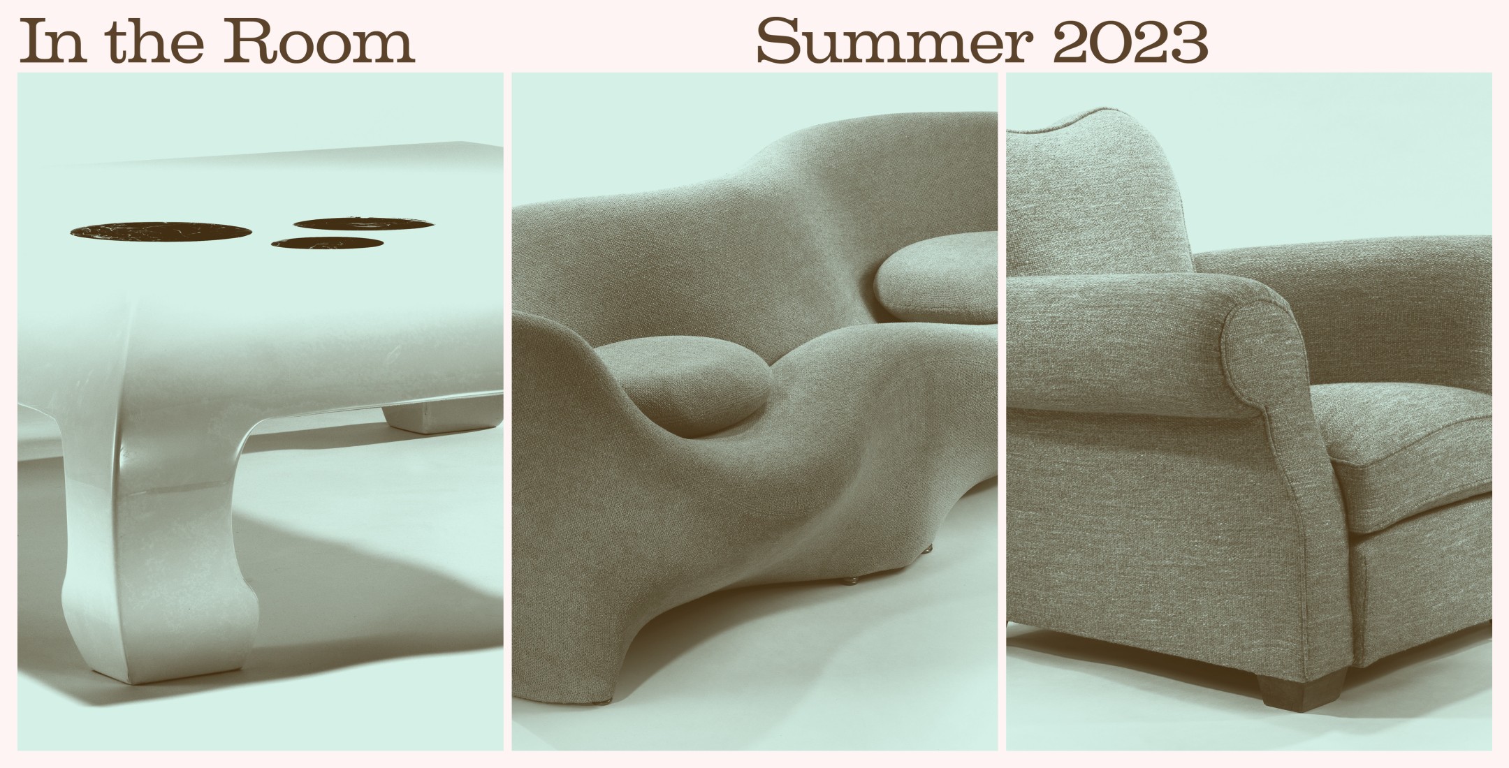 Summer show exhibition graphic with three pieces of furniture and text