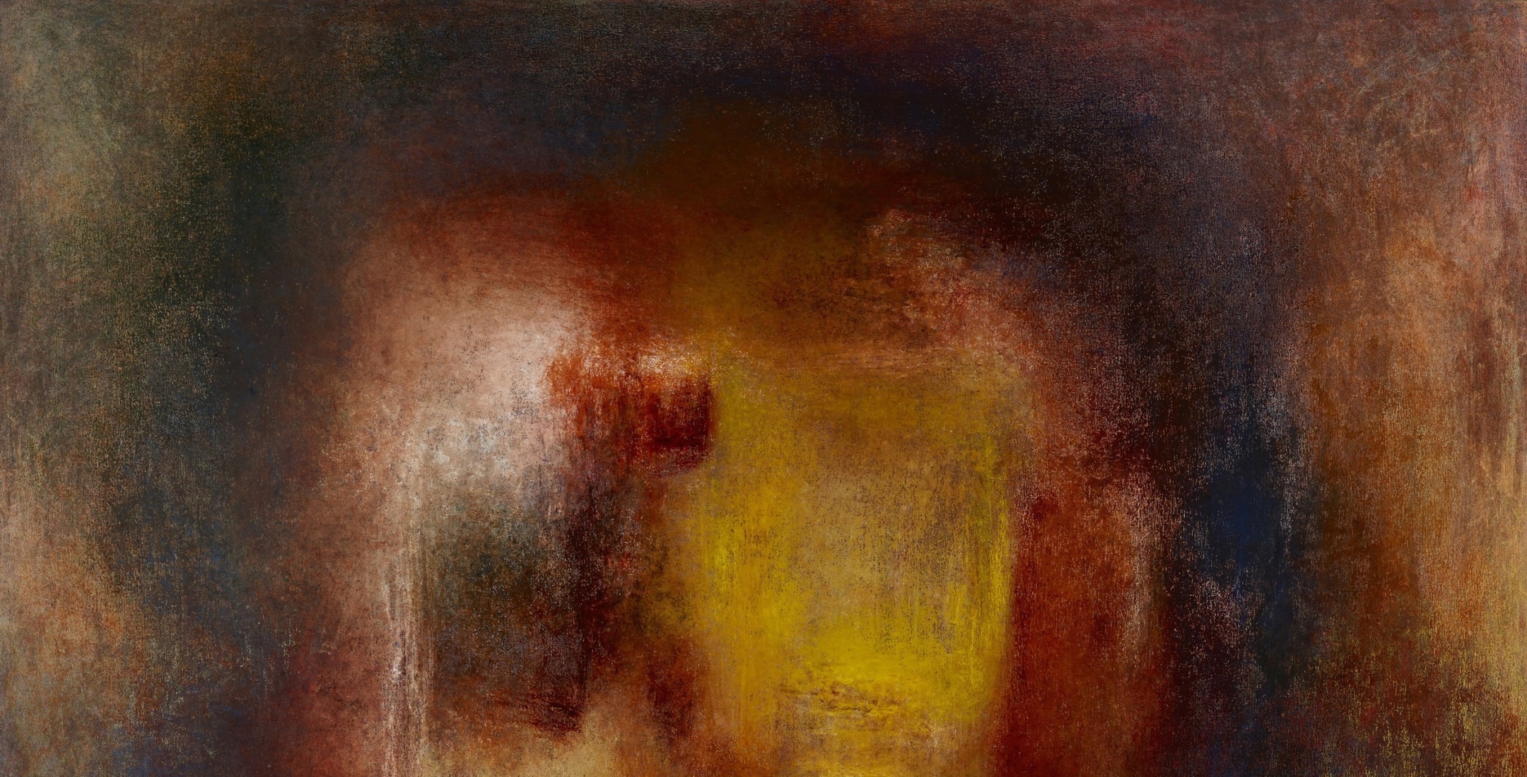 Image of Rebecca Purdum's abstract painting Decade in yellow, crimson, browns and cream.