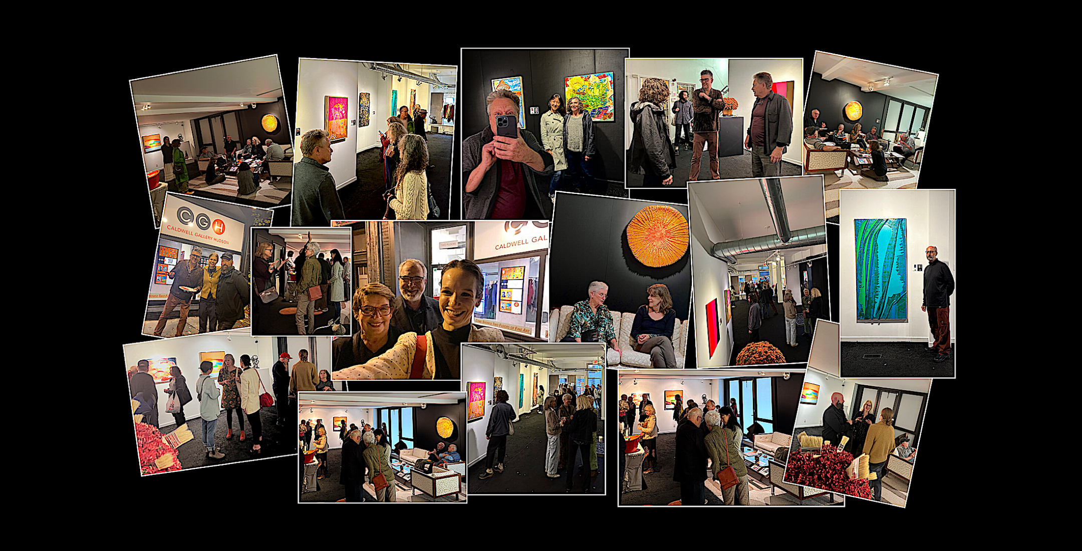 Multiple images of opening night at &quot;Object Matter&quot; exhibit at Caldwell Gallery Hudson.