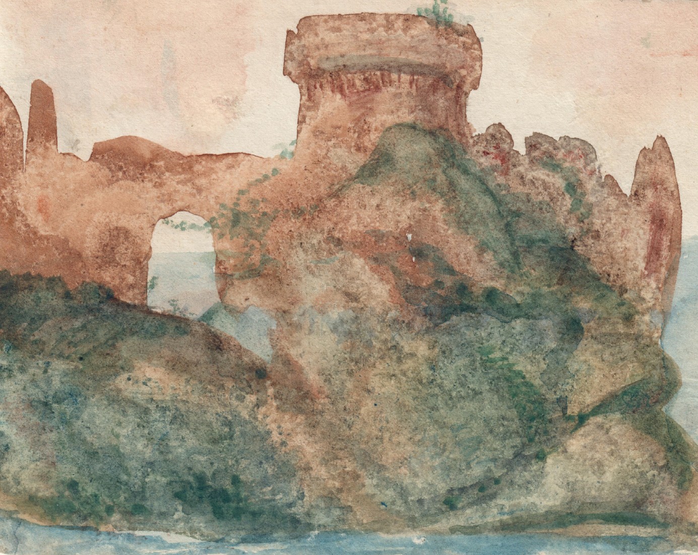 George Sand, Landscape with a View of the Sea and a Fort    Watercolor on paper 3 5/16 x 4 1/8 inches