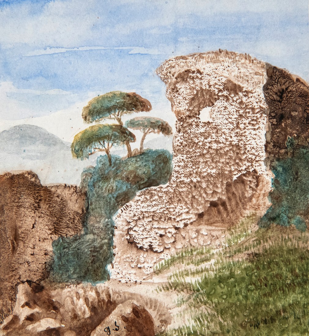 George Sand, Rock Cliffs with Three Trees  . Gouache on paper 4 3/4 x 4 5/16 in.