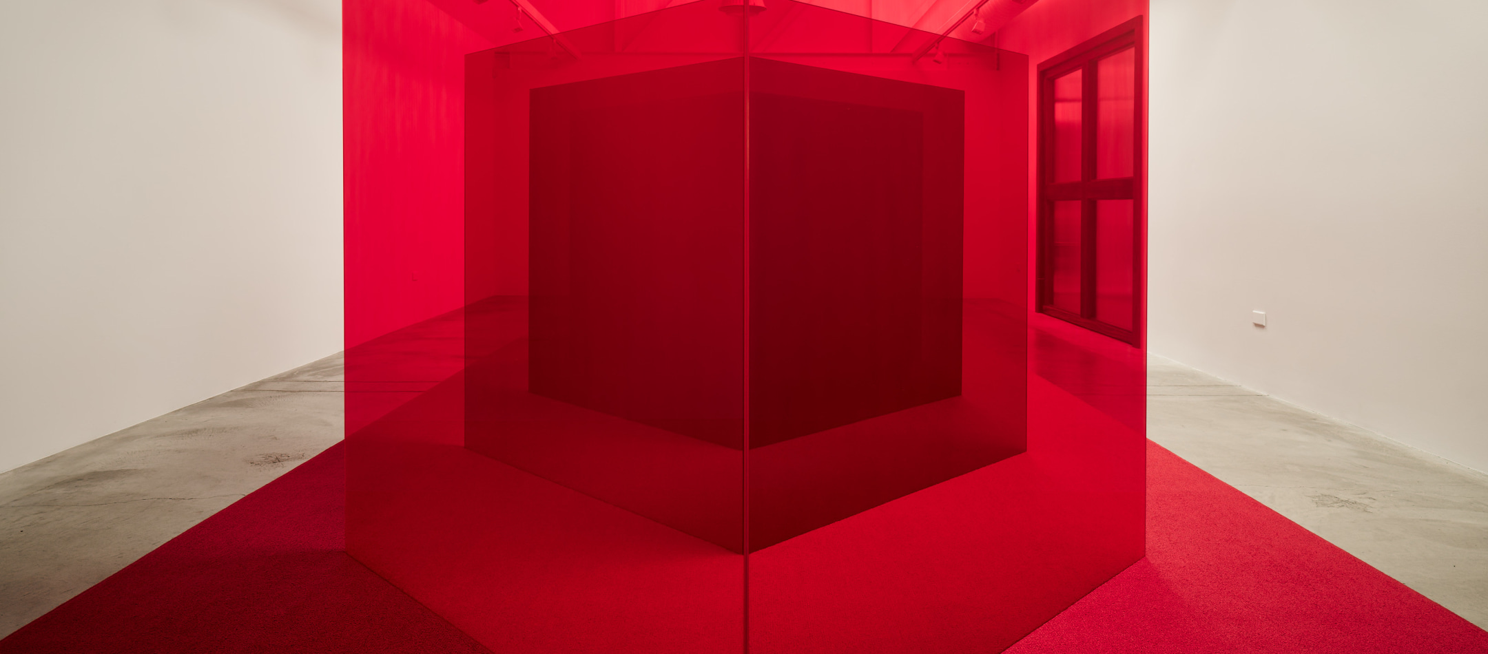 Larry Bell Pacific Red installation image at Anthony Meier gallery Mill Valley 2024 by Matthew Millman