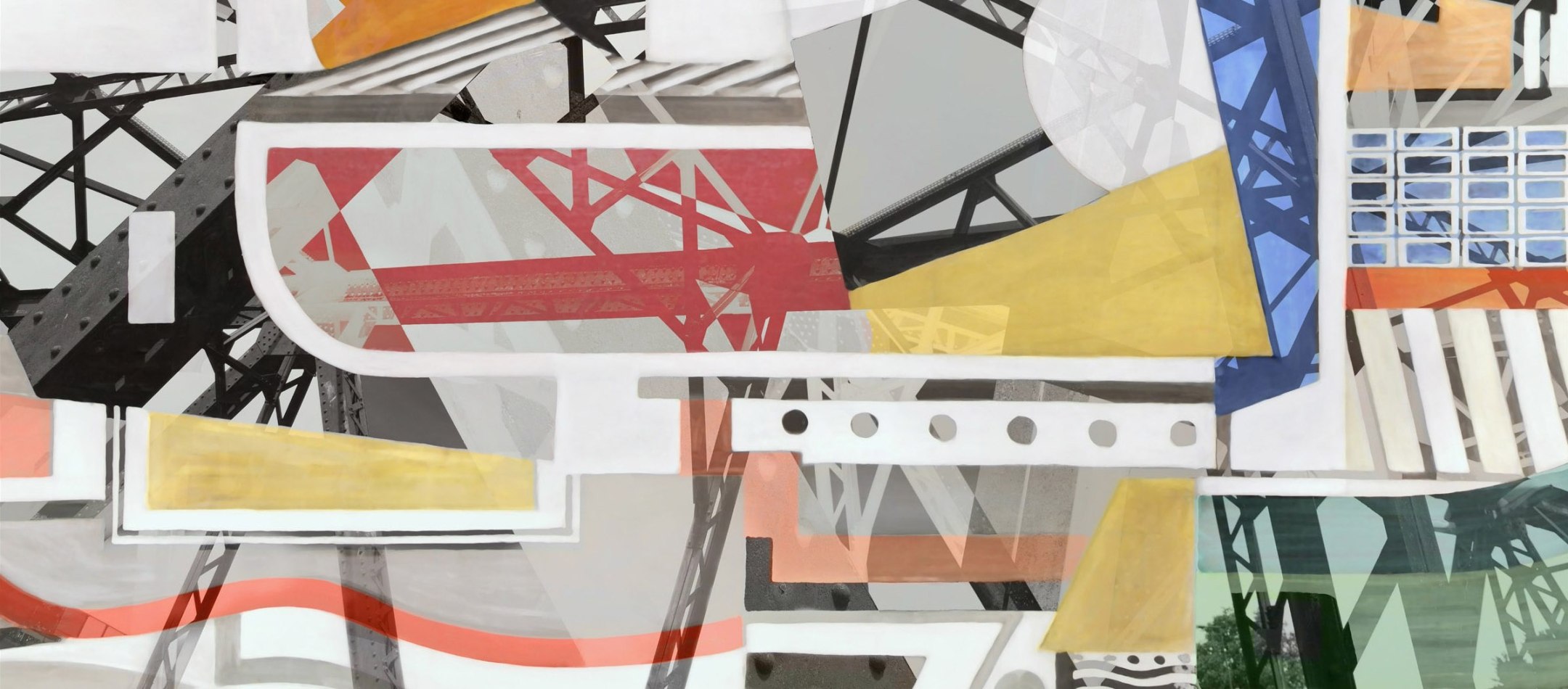 Colorful digital photocollage combining geometric abstract painting with a photo of steel girders