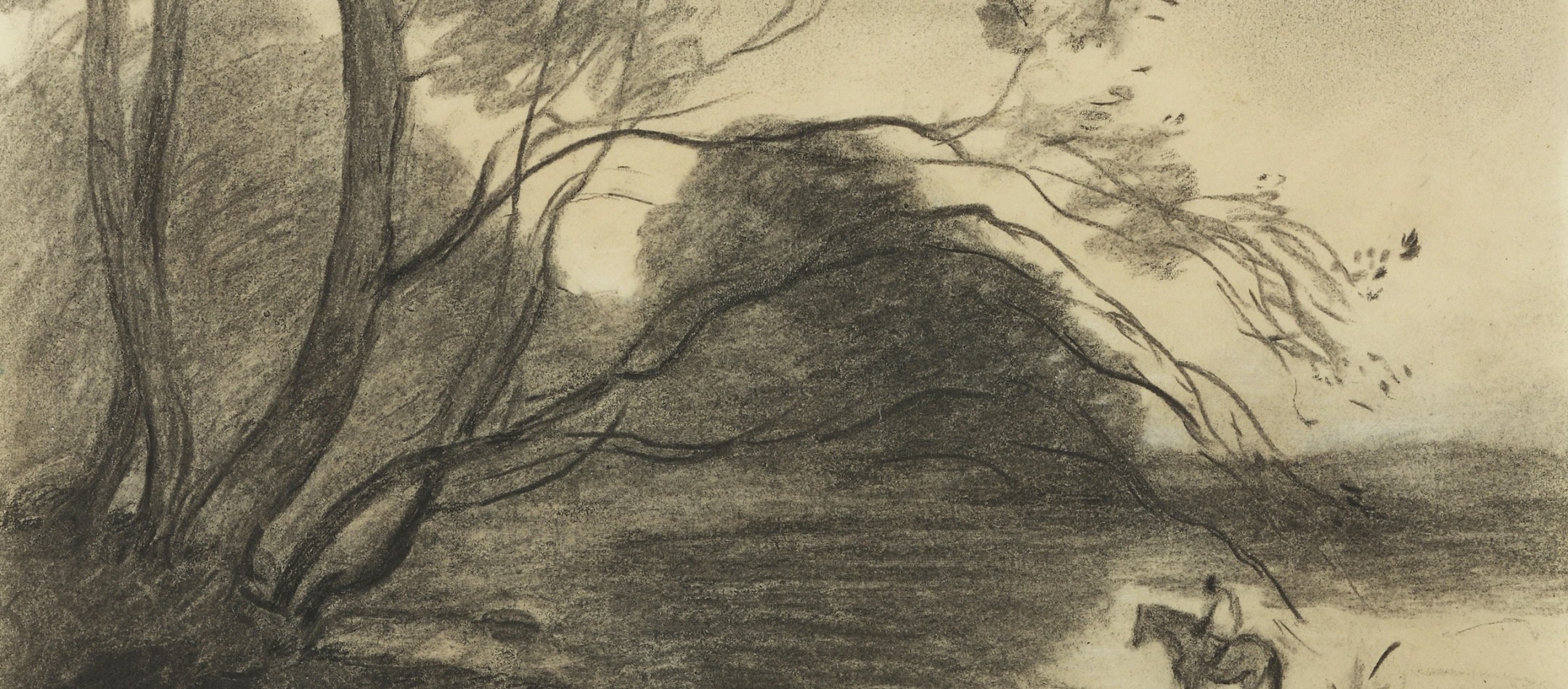 Jean-Baptiste-Camille Corot, The Ford under the Large Tree, c. 1864  Charcoal on paper; 7 1/8 x 11 3/8 inches Private Collection