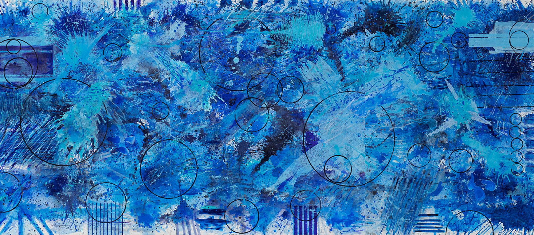 J. Steven Manolis, BlueLand-Splash, 2018, 72x180, Acrylic on canvas