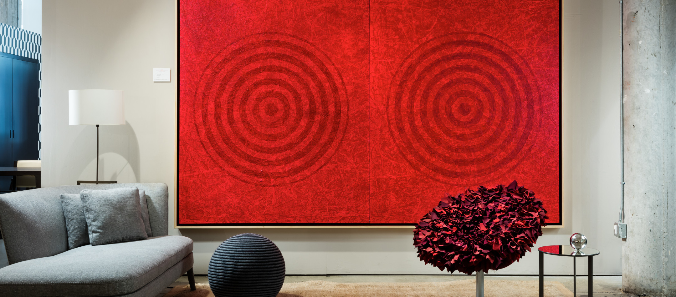J. Steven Manolis, Extra Large Red Abstract Wall art, Installation of Redworld double concentric painting at Max Alto