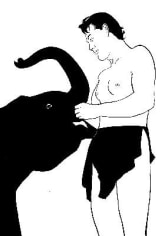 black and white poster of man interacting with elephant