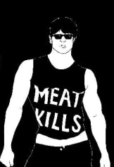 Black and white poster of man in tank top reading 'meat kills'