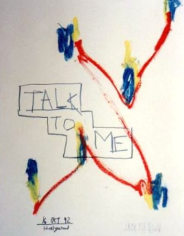Crayon drawing reading 'Talk to me'