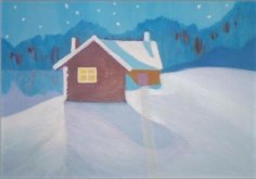 Painting of cabin in the snow