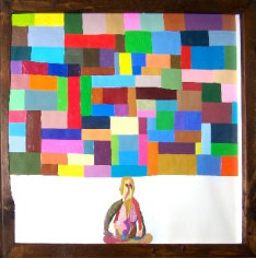 Man sitting in front of rainbow pattern, painting