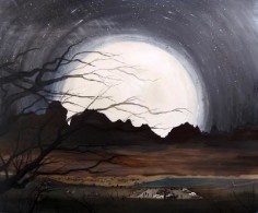 Moonlit landscape with barren branches