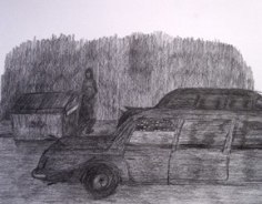 Sketch of cars next to dumpster