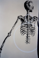 Photo collage of skeleton and blue circles