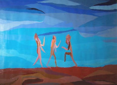 Painting of three figures on beach