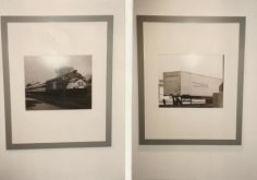 Black and white photos of trains and shipping containers