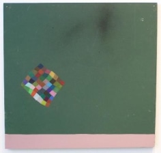 Alicia McCarthy, green and pink abstract with rainbow cube