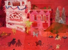 Red painting of dogs outside of townhouses