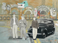 Sue Stone The Boys Go To London Town, 2014 Mixed media, hand/machine stitch and fabric paint 36 &frac14; x 48 in. / 92 x 122 cm.