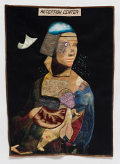 China Marks The Aliens, 2017 Fabric, thread, lace, fusible adhesive on a contemporary tapestry copy of da Vinci&rsquo;s Lady with an Ermine and parts of Gaudi&rsquo;s La Familia