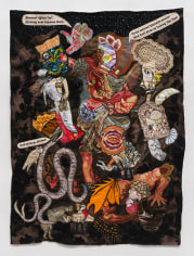 China Marks Hell Has Its Charms, 2017 Fabric, thread, screen printing ink, lace, residual pencil, brass trim on a contemporary tapestry copy of Guido Reni&rsquo;s St. Michael the Archangel Trampling Satan