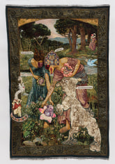 China Marks Ripe for the Picking, 2017 Fabric, lace, thread, epoxy glue, glass beads, fusible adhesive on a contemporary tapestry copy of Gather Ye Rosebuds While Ye May, by John William Waterhouse