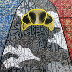 Le Croissant, 2010, Ink, acrylic, charcoal, pen on Arabic newspaper on canvas