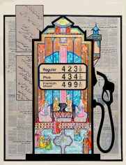 Petrol Pump (Shahrazad), 2021 &nbsp;, Gold &amp;amp; copper leaf, acrylic, gouache on Arabic newspaper on heavy paper&nbsp;