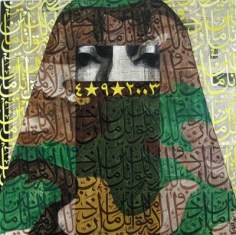 Camohead I, 2009&nbsp;, Charcoal, acrylic and pen on Arabic newspaper on canvas